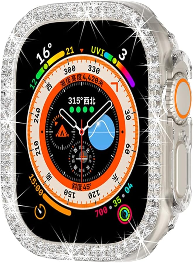 Compatible with Apple Watch Ultra 2 /Apple Watch Ultra 49mm Double Row Bling Diamond Case PC Bumper Protective Cases Women Girls Crystal Shining Rhinestone Cases Smartwatch Accessories Case (Clear)